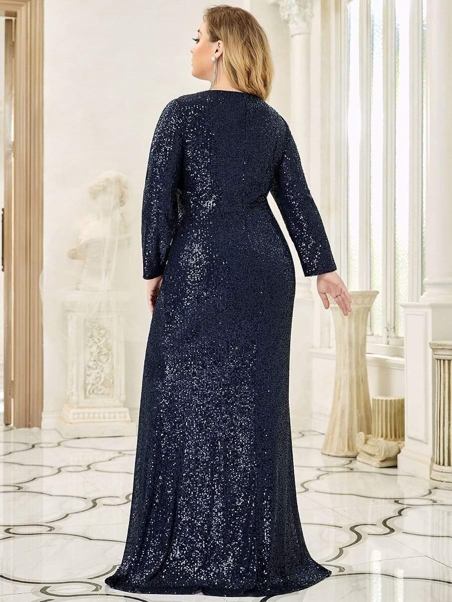 Dreamy Plus Size Deep V-Neck Sequin Formal Evening Gowns with Slit