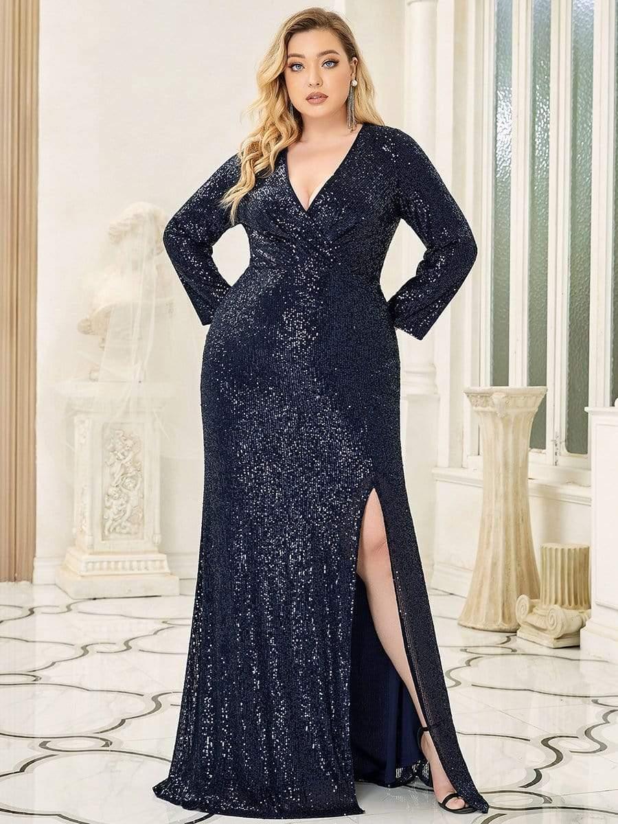 Dreamy Plus Size Deep V-Neck Sequin Formal Evening Gowns with Slit