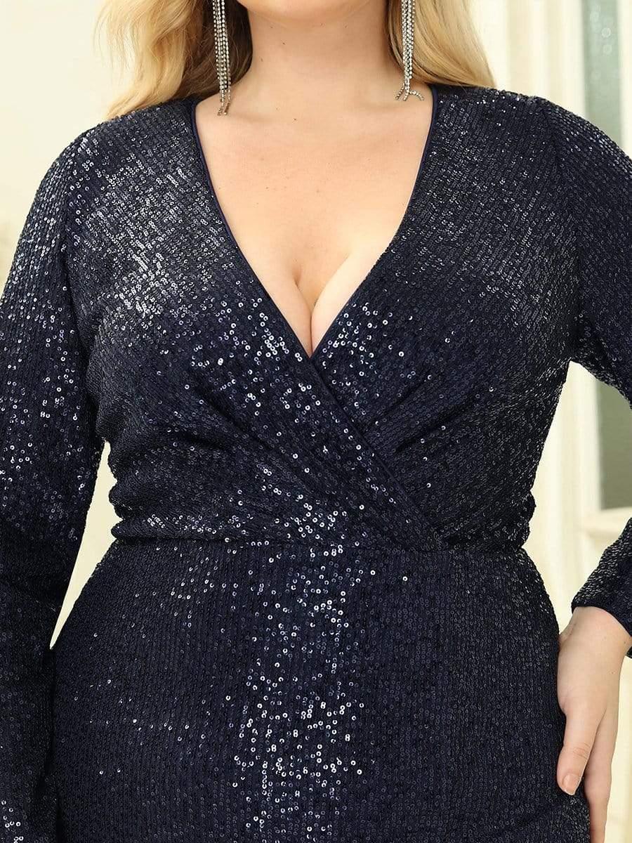 Dreamy Plus Size Deep V-Neck Sequin Formal Evening Gowns with Slit