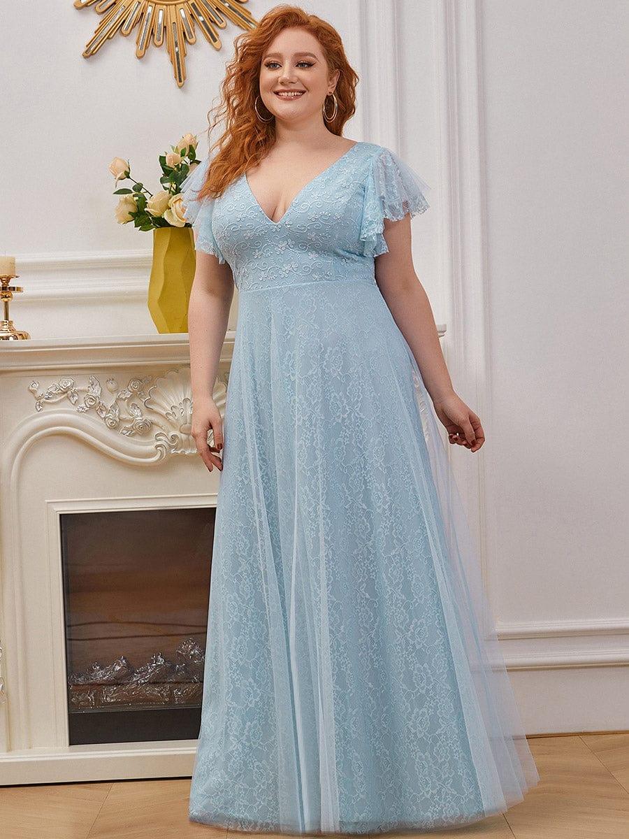 Stunning A-Line V-Neck Lace Tulle Evening Dress with Ruffle Sleeves