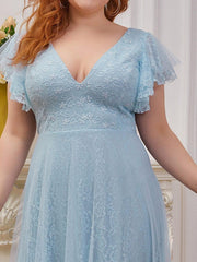 Stunning A-Line V-Neck Lace Tulle Evening Dress with Ruffle Sleeves