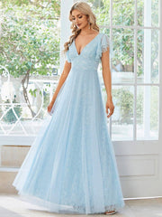Stunning A-Line V-Neck Lace Tulle Evening Dress with Ruffle Sleeves