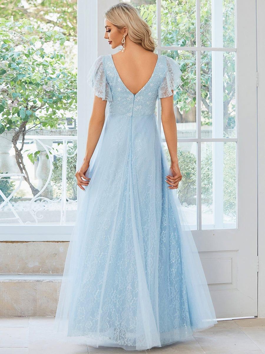 Stunning A-Line V-Neck Lace Tulle Evening Dress with Ruffle Sleeves