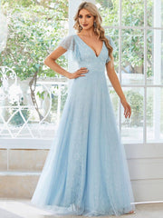 Stunning A-Line V-Neck Lace Tulle Evening Dress with Ruffle Sleeves