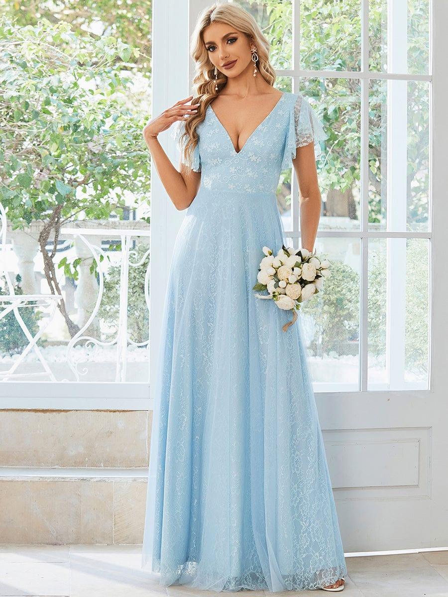 Stunning A-Line V-Neck Lace Tulle Evening Dress with Ruffle Sleeves
