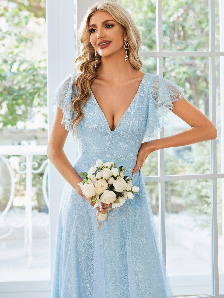 Stunning A-Line V-Neck Lace Tulle Evening Dress with Ruffle Sleeves