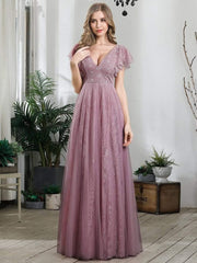 Stunning A-Line V-Neck Lace Tulle Evening Dress with Ruffle Sleeves