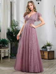 Stunning A-Line V-Neck Lace Tulle Evening Dress with Ruffle Sleeves
