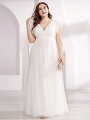 Stunning A-Line V-Neck Lace Tulle Evening Dress with Ruffle Sleeves