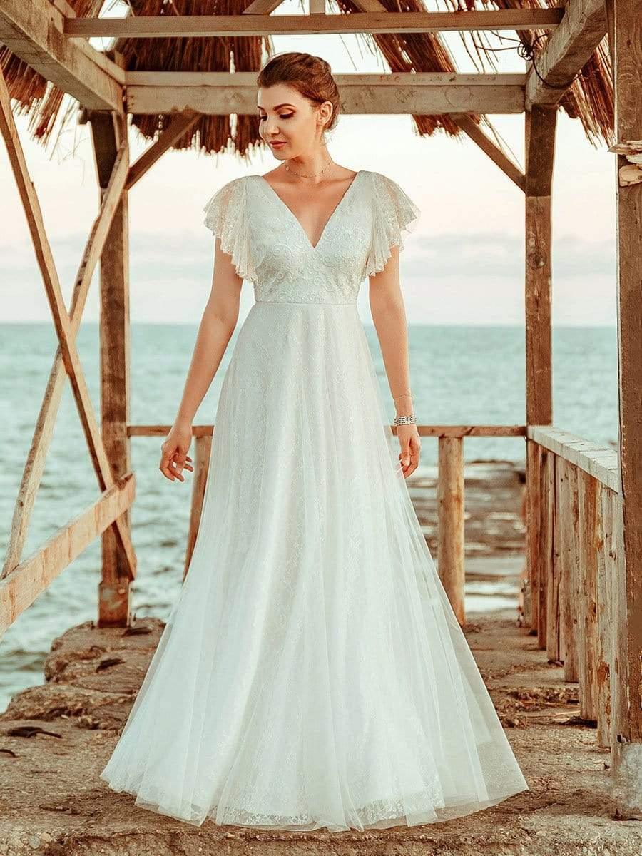 Stunning A-Line V-Neck Lace Tulle Evening Dress with Ruffle Sleeves