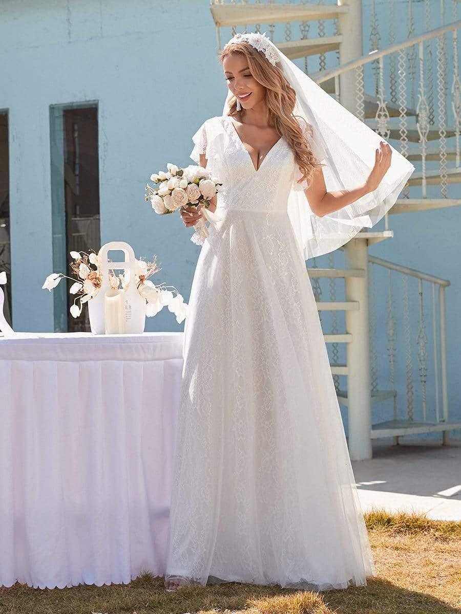 Stunning A-Line V-Neck Lace Tulle Evening Dress with Ruffle Sleeves