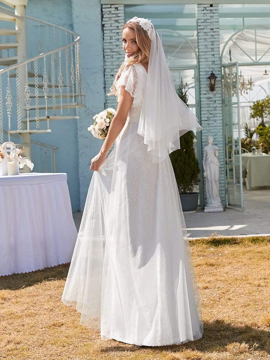 Stunning A-Line V-Neck Lace Tulle Evening Dress with Ruffle Sleeves