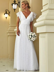 Stunning A-Line V-Neck Lace Tulle Evening Dress with Ruffle Sleeves