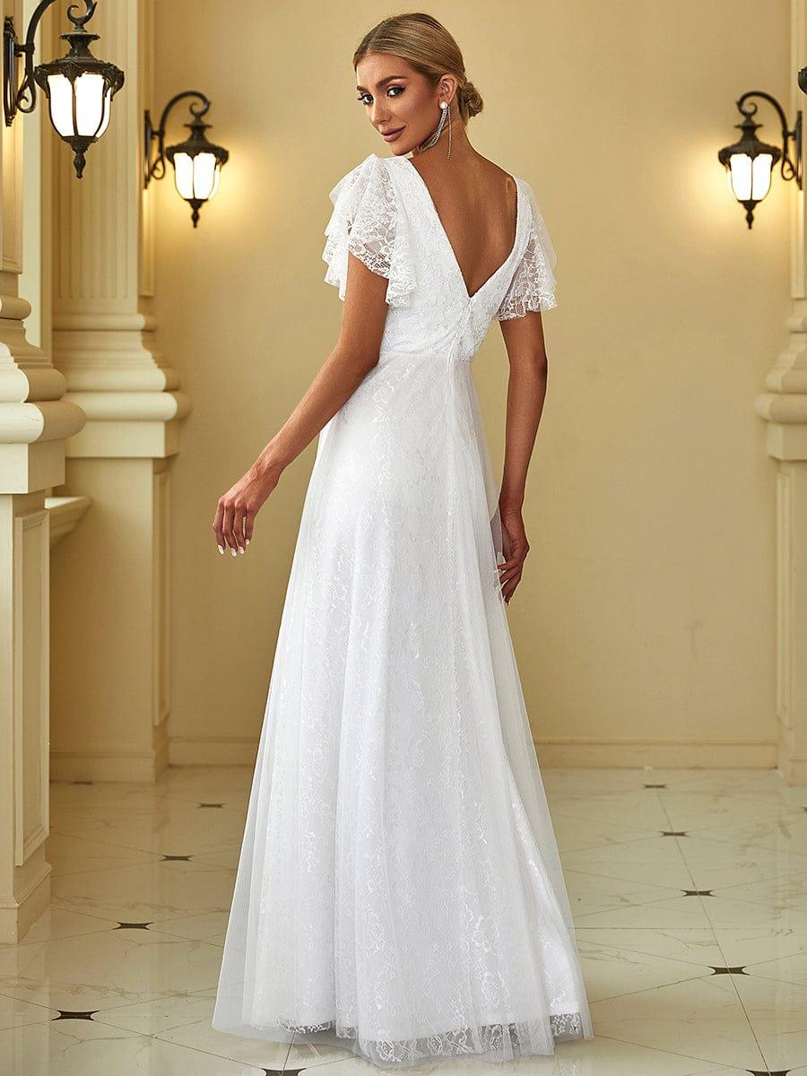 Stunning A-Line V-Neck Lace Tulle Evening Dress with Ruffle Sleeves