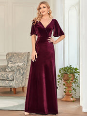 Feminine V-Neck Velvet A-Line Evening Dress with Sleeves