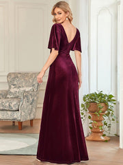 Feminine V-Neck Velvet A-Line Evening Dress with Sleeves