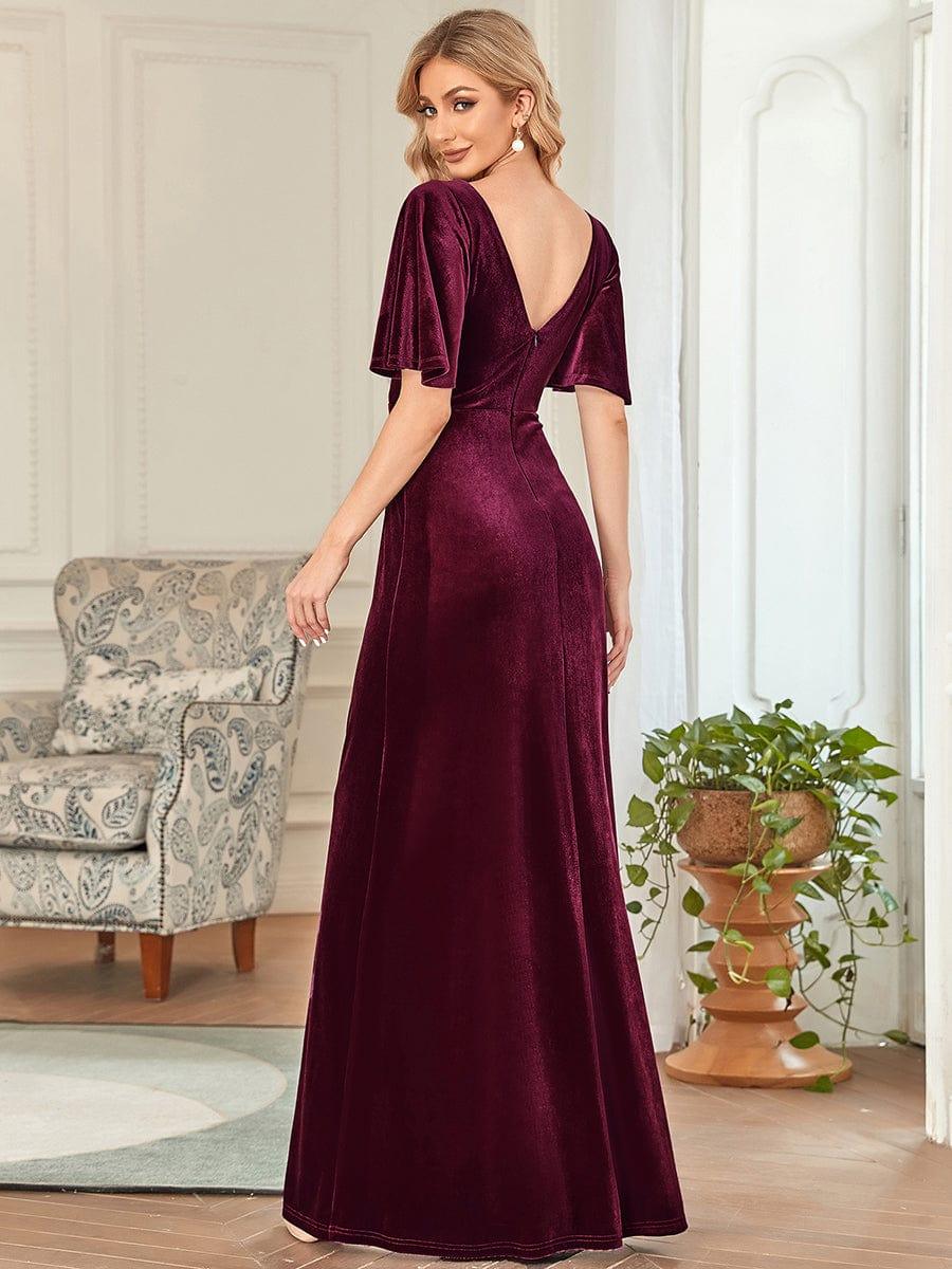 Feminine V-Neck Velvet A-Line Evening Dress with Sleeves