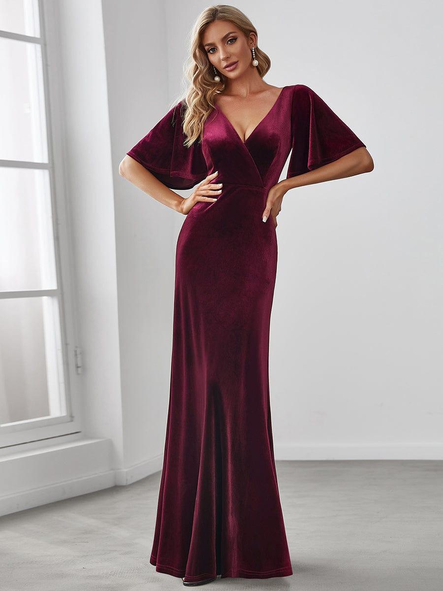 Feminine V-Neck Velvet A-Line Evening Dress with Sleeves
