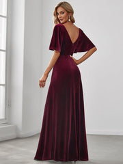 Feminine V-Neck Velvet A-Line Evening Dress with Sleeves