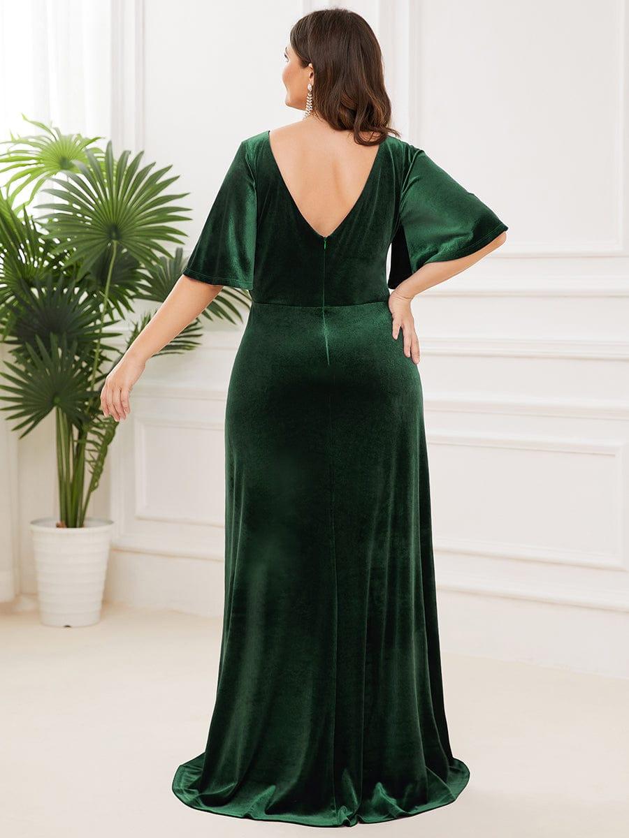 Classic Plus Size Backless Velvet Maxi Evening Dress with Short Sleeves