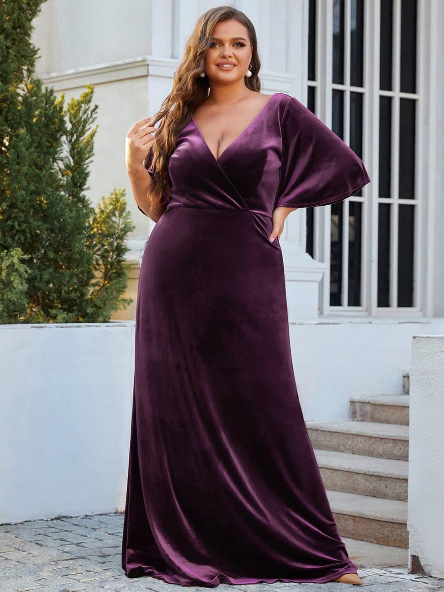 Feminine V-Neck Velvet A-Line Evening Dress with Sleeves