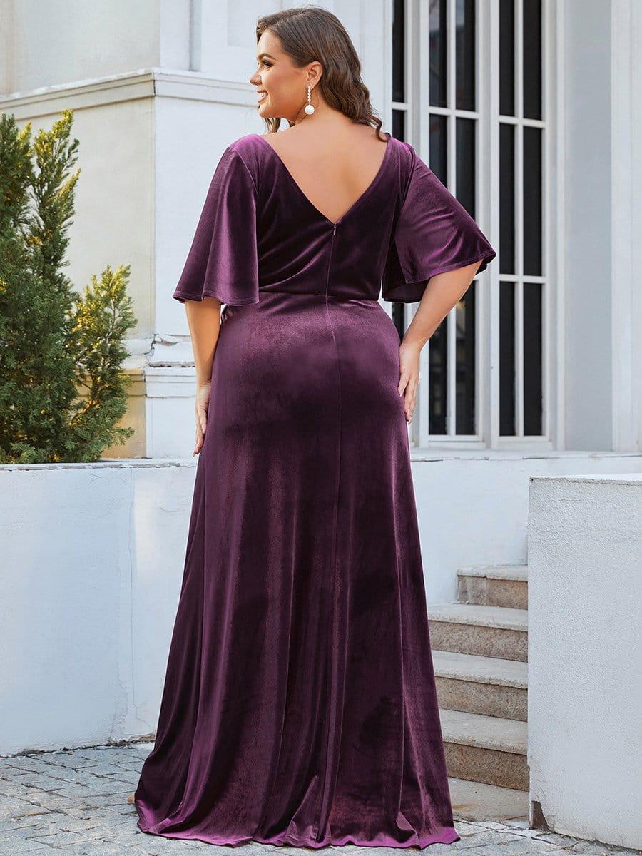Feminine V-Neck Velvet A-Line Evening Dress with Sleeves