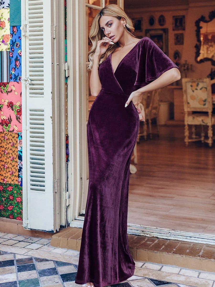 Feminine V-Neck Velvet A-Line Evening Dress with Sleeves
