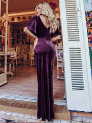 Feminine V-Neck Velvet A-Line Evening Dress with Sleeves