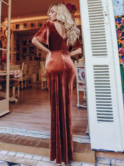 Feminine V-Neck Velvet A-Line Evening Dress with Sleeves