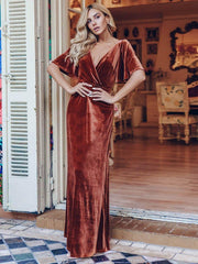 Feminine V-Neck Velvet A-Line Evening Dress with Sleeves