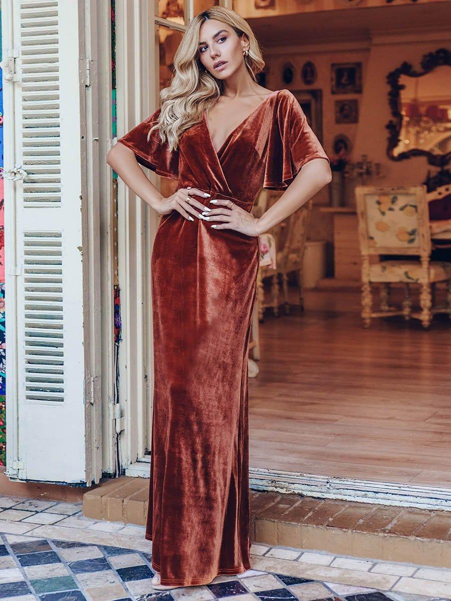 Feminine V-Neck Velvet A-Line Evening Dress with Sleeves