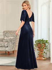 Feminine V-Neck Velvet A-Line Evening Dress with Sleeves