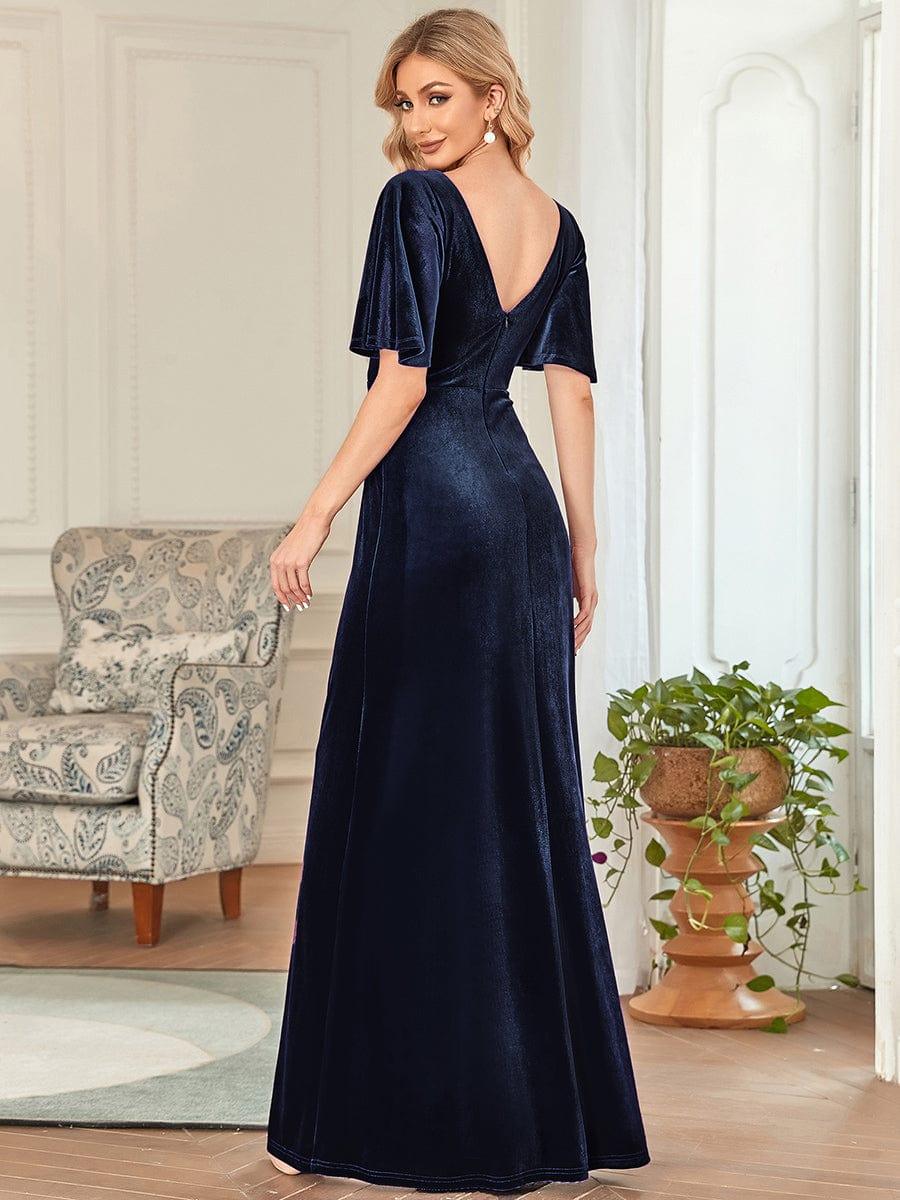 Feminine V-Neck Velvet A-Line Evening Dress with Sleeves