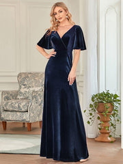 Feminine V-Neck Velvet A-Line Evening Dress with Sleeves