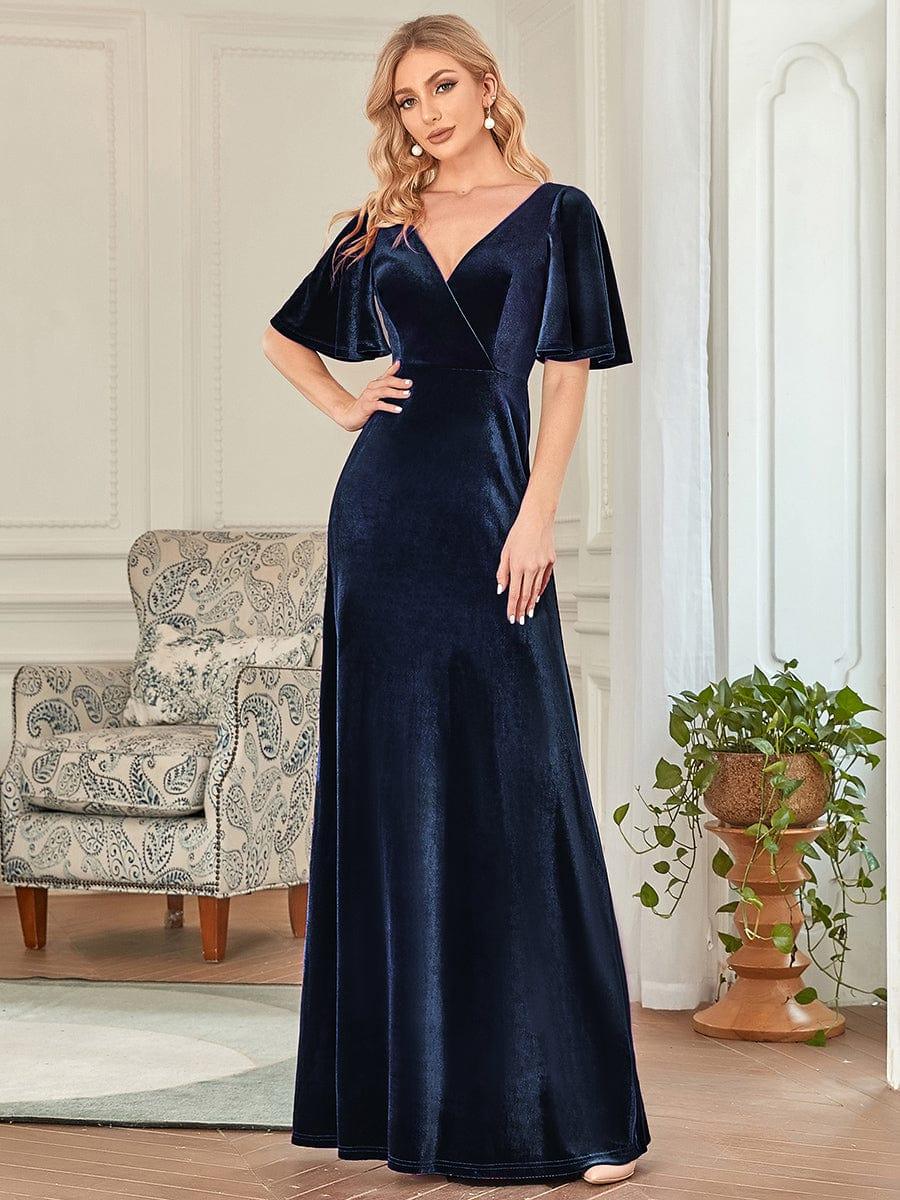 Feminine V-Neck Velvet A-Line Evening Dress with Sleeves