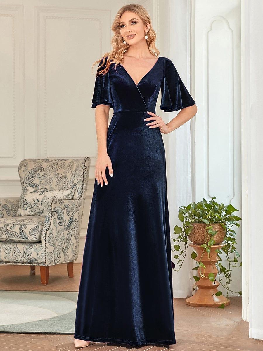 Feminine V-Neck Velvet A-Line Evening Dress with Sleeves