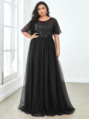 Romantic Plus Size Sequin A-Line Formal Evening Dresses with Sash