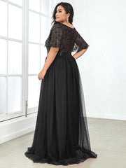 Romantic Plus Size Sequin A-Line Formal Evening Dresses with Sash