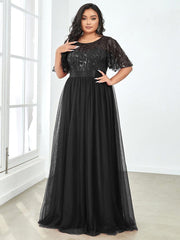 Romantic Plus Size Sequin A-Line Formal Evening Dresses with Sash