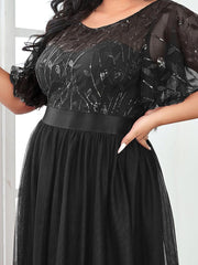 Romantic Plus Size Sequin A-Line Formal Evening Dresses with Sash