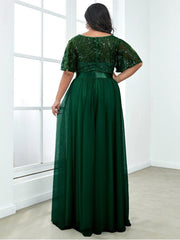 Romantic Plus Size Sequin A-Line Formal Evening Dresses with Sash
