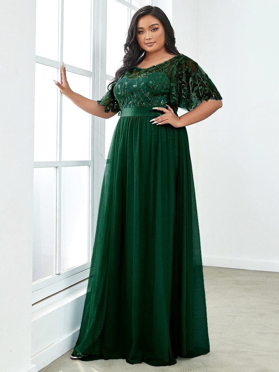 Romantic Plus Size Sequin A-Line Formal Evening Dresses with Sash