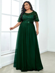 Romantic Plus Size Sequin A-Line Formal Evening Dresses with Sash