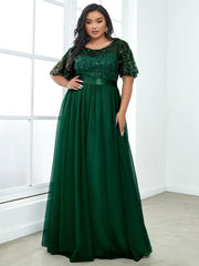 Romantic Plus Size Sequin A-Line Formal Evening Dresses with Sash