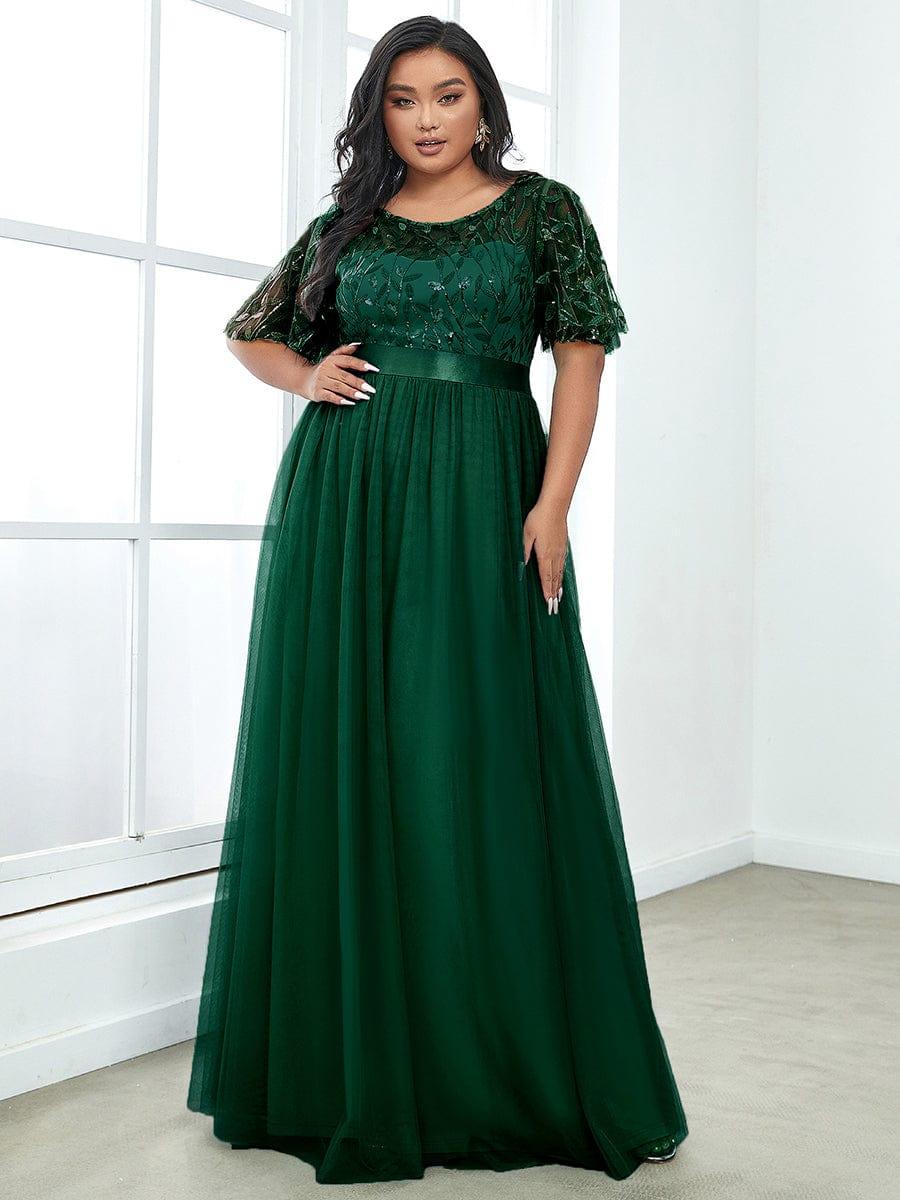 Romantic Plus Size Sequin A-Line Formal Evening Dresses with Sash