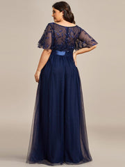 Romantic Plus Size Sequin A-Line Formal Evening Dresses with Sash