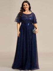 Romantic Plus Size Sequin A-Line Formal Evening Dresses with Sash