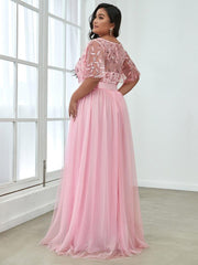 Romantic Plus Size Sequin A-Line Formal Evening Dresses with Sash