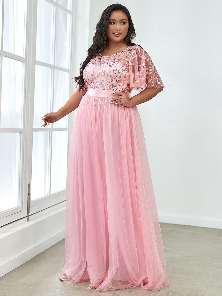 Romantic Plus Size Sequin A-Line Formal Evening Dresses with Sash