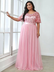Romantic Plus Size Sequin A-Line Formal Evening Dresses with Sash
